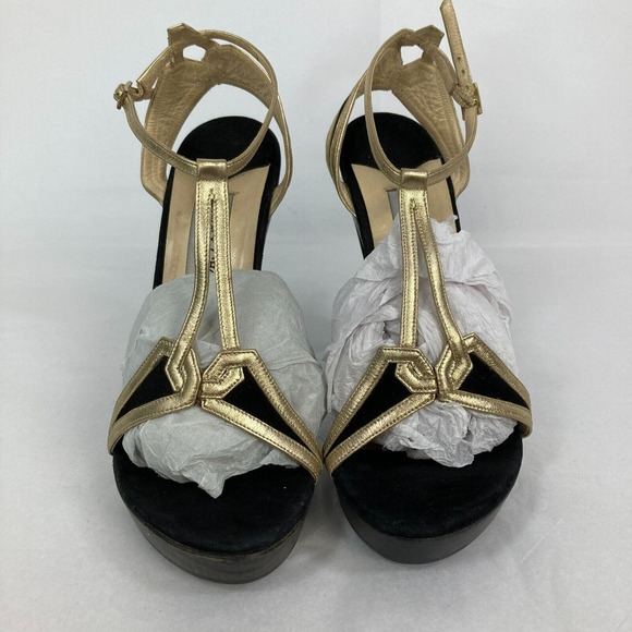 Jimmy Choo‎ Sandals Womens Sz 7.5 Black Gold Leather Strap Stiletto Heel Italy - Picture 4 of 10